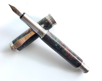 Wooden Fountain Pen - Beautiful Black Ash Burl dyed Blue Red and stabilized - Made In USA Stainless Steel Hardware - 008FPSSC