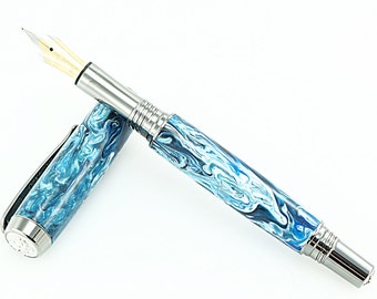 Custom Acrylic fountain Pen - White Blue and Black Acrylic - Fountain OR Rollerball - Black Titanium and Rhodium - 851FP/RB CNB