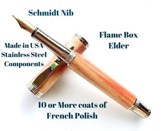 Pluma estilográfica de madera personalizada - Flame Box Elder - Herrajes de acero inoxidable fabricados en EE. UU. - Stock n.° 635FPSSB