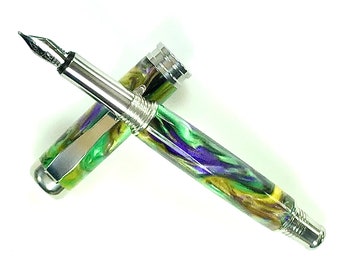 Acrylic Fountain Pen - Beautiful Green Purple yellow black and brown - Made in USA Stainless Steel Hardware - 001FPSSD