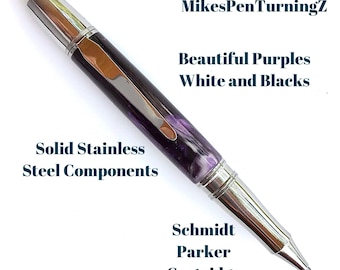 Custom Acrylic Pen  Hand Turned - Beautiful Purple White and Black swirls Acrylic - Made In USA Stainless Steel Hardware - 001BPB