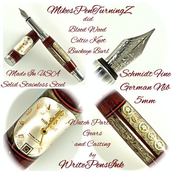 Custom Wooden Pen Segmented Watch Part Pen Buckeye Burl Bloodwood Segments  Knot White and Black Rings Made in USA Stainless Steel 783FPSSG