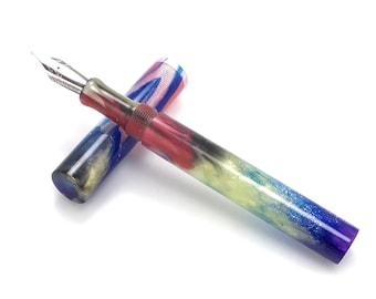 Acrylic Fountain Pen - Red Silver Blue and Gold with Metallic Sparkle. Acrylic - See Video - Bespoke Kitless Fountain Pen - 008BSE