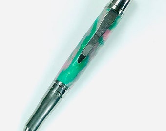 Custom Acrylic Pen  Hand Turned - Beautiful Green Pink Silver Metallic Acrylic - Made In USA Stainless Steel Hardware - 008BPA