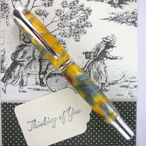 Hand Turned Acrylic Rollerball Pen - Yellow and Gray Swirl - Rhodium Hardware - 230RBA