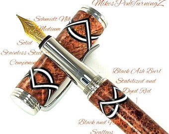 Custom Wooden Fountain Pen - Dyed Red Black Ash Burl Black and White Scallops - Stainless Steel Hardware - 722FPSSF