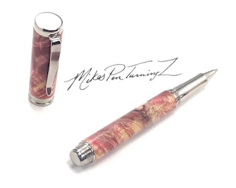 Custom Wooden Rollerball Pen - Dyed Red Buckeye Burl - Made In USA Stainless Steel Components - Stock# 724RBSSG