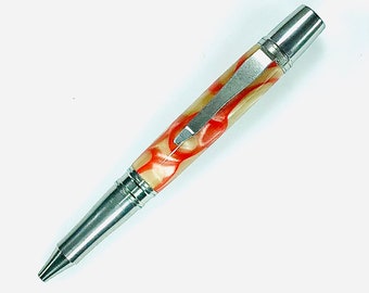 Custom Acrylic Pen  Hand Turned - Beautiful Red Tan and Silver Metallic Acrylic - Made In USA Stainless Steel Hardware -  010BPB