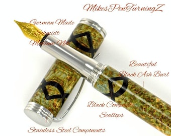 Custom Wooden Fountain Pen - Dyed Blue Black Ash Burl Black Scallops - Made in USA Stainless Steel Hardware - Stock# 709FPSSB