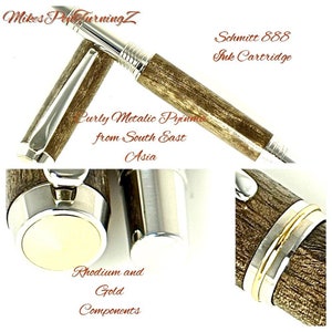 Custom Wooden Rollerball Pen - Curly Metalic Pyinma - Rhodium and Gold Hardware - 762RBA