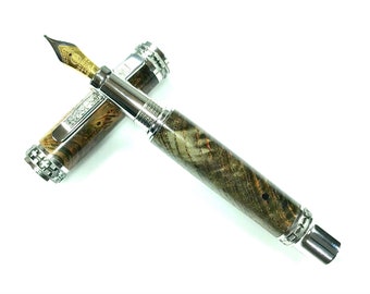 Custom Wooden Fountain Pen - Pale Blues and Browns Black Ash Burl - Rhodium and black titanium  Hardware - Stock# 002FPA