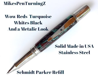 Custom Acrylic Pen  Hand Turned - Beautiful Turquoise Red White and Black swirls - Made In USA Stainless Steel Hardware - 002BPB