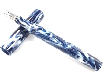 Acrylic Fountain Pen - Deep Blues and Whites with DiamondCast Sparkle Acrylic - See Video - Bespoke Kitless Fountain Pen - 006BSB