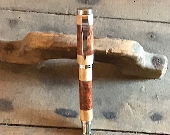 Handcrafted Wooden Rollerball Pen - Amboyna Burl with Maple - Made In USA Stainless Steel Hardware - 002RBRBQ