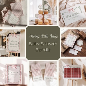 Könnte beinhalten: Ein Babyparty-Papeterie-Set im Merry Little Baby-Design mit rosa Schleifen, grünen Blattbordüren und Streifenmustern. Enthält Einladungen, Dankeskarten, Cupcake-Topper, Beschilderungen und ein Kalenderspiel auf weißem Papier.