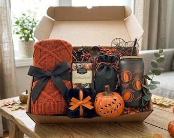 Coffret cadeau d'Halloween pour elle, colis réconfortant pour Halloween, panier-cadeau douillet, cadeau bien-être, coffret cadeau couverture, chaussettes et bougie, cadeau d'automne