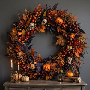 May include: A circular Halloween wreath featuring orange pumpkins, off-white skulls, dark purple and brown autumn leaves, red berries, and black spider accents. The wreath is displayed above a wooden surface with two lit candles and books.