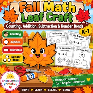 Fall Math Leaf Craft | Kindergarten Addition Subtraction Counting Worksheets
