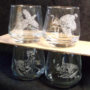 hand engraved whiskey glasses, hunters drink glass, hand engraved wildlife glass, 4 hand engraved glass, deer, pheasant, dog, quail glass image 2