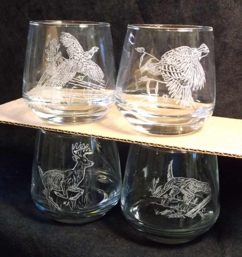 hand engraved whiskey glasses, hunters drink glass, hand engraved wildlife glass, 4 hand engraved glass, deer, pheasant, dog, quail glass image 2