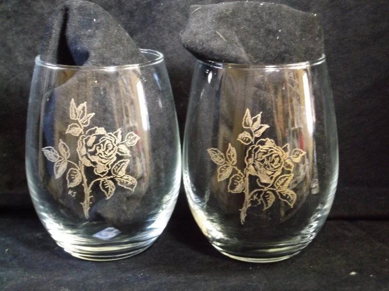 Set of 2 Rose hand engraved stemless wine glasses etched rose Etsy