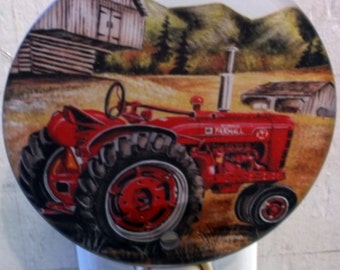 red tractor with barn night light, tractor night light, farm night light, bathroom night light, kitchen night light, pretty night light,