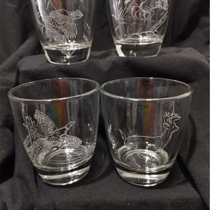 hand engraved whiskey glasses, hunters drink glass, hand engraved wildlife glass, 4 hand engraved glass, deer, pheasant, dog, quail glass image 1