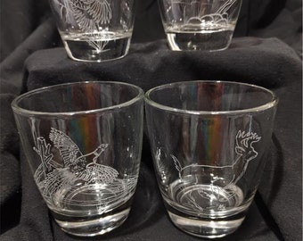 hand engraved whiskey glasses, hunters drink glass, hand engraved wildlife glass,  4 hand engraved glass, deer, pheasant, dog, quail glass