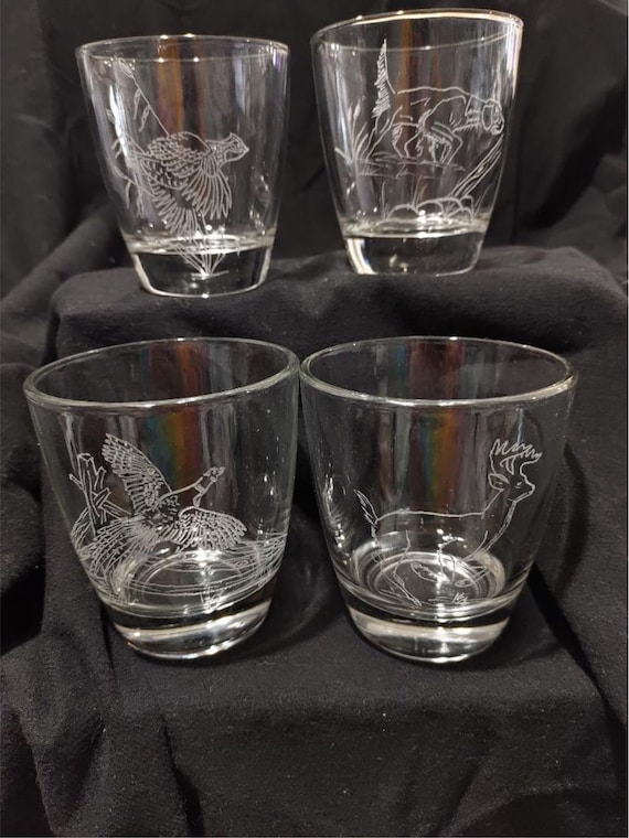 hand engraved whiskey glasses, hunters drink glass, hand engraved wildlife glass,  4 hand engraved glass, deer, pheasant, dog, quail glass