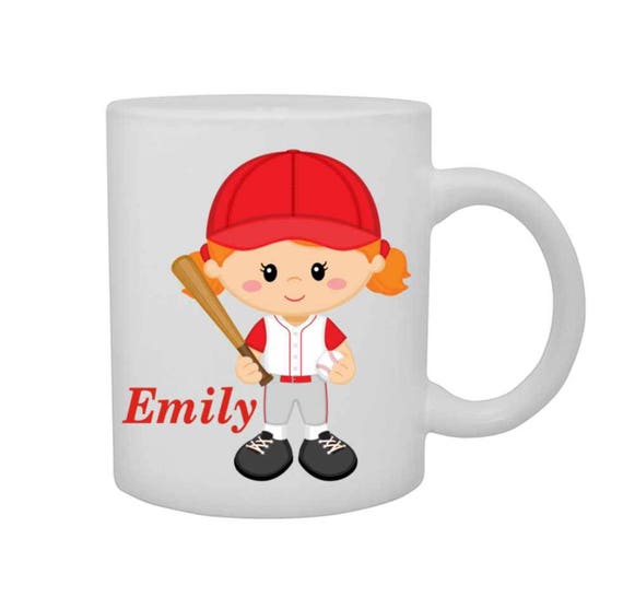 cup with girl baseball player, girls personalized mug, girl baseball player mug, customized cup, girl baseball player cup, red head girl cup