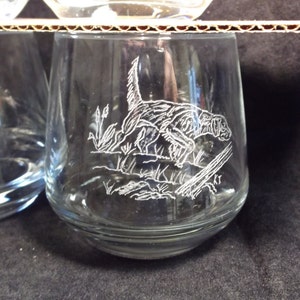 hand engraved whiskey glasses, hunters drink glass, hand engraved wildlife glass, 4 hand engraved glass, deer, pheasant, dog, quail glass image 4