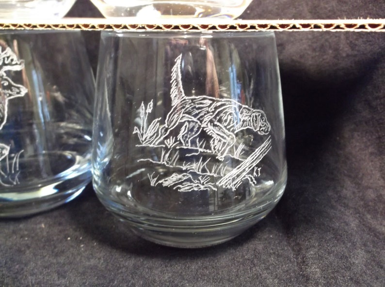 hand engraved whiskey glasses, hunters drink glass, hand engraved wildlife glass, 4 hand engraved glass, deer, pheasant, dog, quail glass image 4