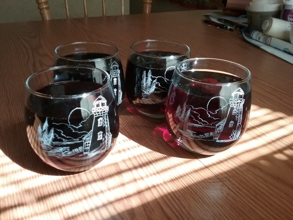 4 hand engraved lighthouse whiskey glasses, 4 engraved whiskey glasses, 4 engraved wine glasses, booze glasses, cocktail glasses