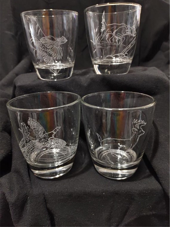 hand engraved whiskey glasses, hunters drink glass, hand engraved wildlife glass,  4 hand engraved glass, deer, pheasant, dog, quail glass