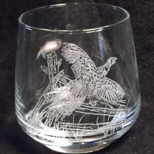 hand engraved whiskey glasses, hunters drink glass, hand engraved wildlife glass, 4 hand engraved glass, deer, pheasant, dog, quail glass image 5