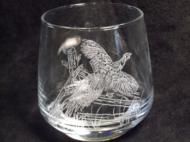 hand engraved whiskey glasses, hunters drink glass, hand engraved wildlife glass, 4 hand engraved glass, deer, pheasant, dog, quail glass image 5