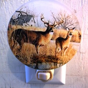 May include: A white ceramic nightlight with a switch on the side. The front of the nightlight features a printed image of two deer in a woodland setting.