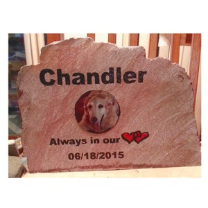 May include: A brown stone memorial with the name "Chandler" engraved on it. A photo of a dog is in a circle cutout. The text "Always in our hearts" and the date "06/18/2015" are also engraved on the stone.