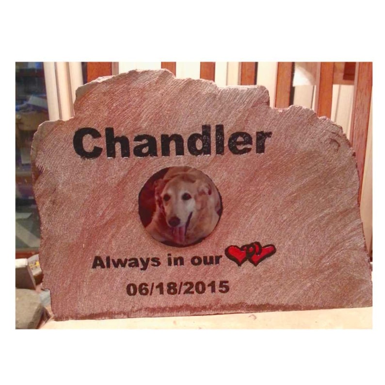 May include: A brown stone memorial with the name "Chandler" engraved on it. A photo of a dog is in a circle cutout. The text "Always in our hearts" and the date "06/18/2015" are also engraved on the stone.
