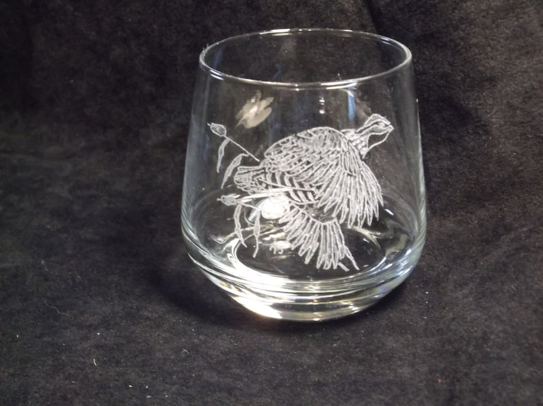 hand engraved whiskey glasses, hunters drink glass, hand engraved wildlife glass, 4 hand engraved glass, deer, pheasant, dog, quail glass image 6