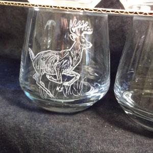hand engraved whiskey glasses, hunters drink glass, hand engraved wildlife glass, 4 hand engraved glass, deer, pheasant, dog, quail glass image 3