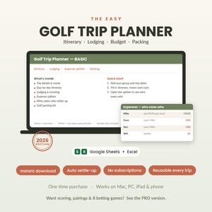 Può includere: Un pianificatore digitale di viaggi di golf per Google Sheets ed Excel, edizione 2026. L'interfaccia mostra un itinerario, alloggio, ripartitore di spese e lista di imballaggio. Include una tabella di tracciamento delle spese che indica i debiti.