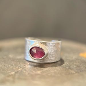 Handmade Hammered Sterling Silver Ring, Rose Cut Pear Ruby, Adjustable Boho Jewellery
