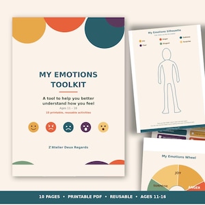 Peut inclure: Un kit d'outils My Emotions Toolkit en PDF imprimable pour les 11-16 ans, avec une page de couverture aux cercles colorés, cinq icônes d'émotions et le texte Z'Atelier Deux Regards. Inclut une page d'activité My Emotions Silhouette et une roue.