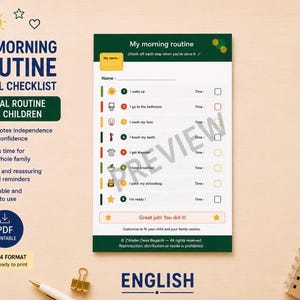 Peut inclure: Une liste de contrôle visuelle de routine matinale A4 imprimable pour enfants avec un en-tête vert foncé portant le texte My morning routine. La liste comprend des étapes numérotées avec des icônes pour le réveil, la salle de bain, le visage, les dents, l'habillage, le petit-déjeuner et le sac d'école, avec des cases à cocher.