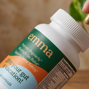 Op de afbeelding: Een witte plastic fles met Emma voedingssupplementcapsules met een groen, oranje en lichtblauw etiket. De tekst op het etiket luidt: emma, Promotes Regularity, Bloating & Gas Relief, Supports Flatter Tummy, give your gut a vacation!, 60 CAPSULES.