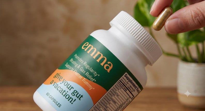 Op de afbeelding: Een witte plastic fles met Emma voedingssupplementcapsules met een groen, oranje en lichtblauw etiket. De tekst op het etiket luidt: emma, Promotes Regularity, Bloating & Gas Relief, Supports Flatter Tummy, give your gut a vacation!, 60 CAPSULES.