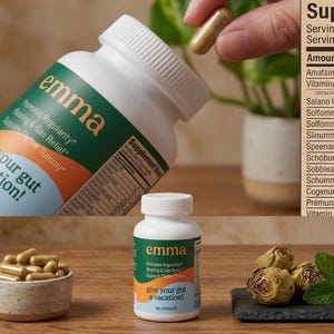 Op de afbeelding: Een witte plastic fles met Emma voedingssupplementcapsules met een groen en oranje etiket met de tekst 'give your gut a vacation!'. Het etiket bevat een tabel met voedingswaarden en een zegel met 'Clinically Studied Ingredients'.