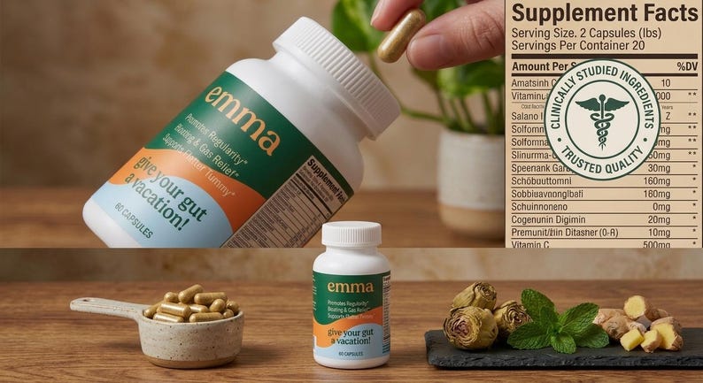 Op de afbeelding: Een witte plastic fles met Emma voedingssupplementcapsules met een groen en oranje etiket met de tekst 'give your gut a vacation!'. Het etiket bevat een tabel met voedingswaarden en een zegel met 'Clinically Studied Ingredients'.