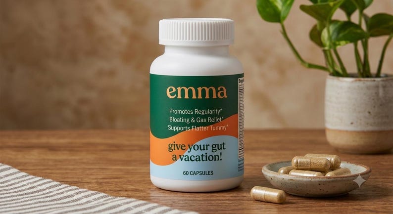Op de afbeelding: Een witte plastic fles met Emma voedingssupplementcapsules met een groen, oranje en lichtblauw etiket. De tekst luidt: emma, Promotes Regularity, Bloating & Gas Relief, Supports Flatter Tummy, give your gut a vacation!, en 60 CAPSULES.